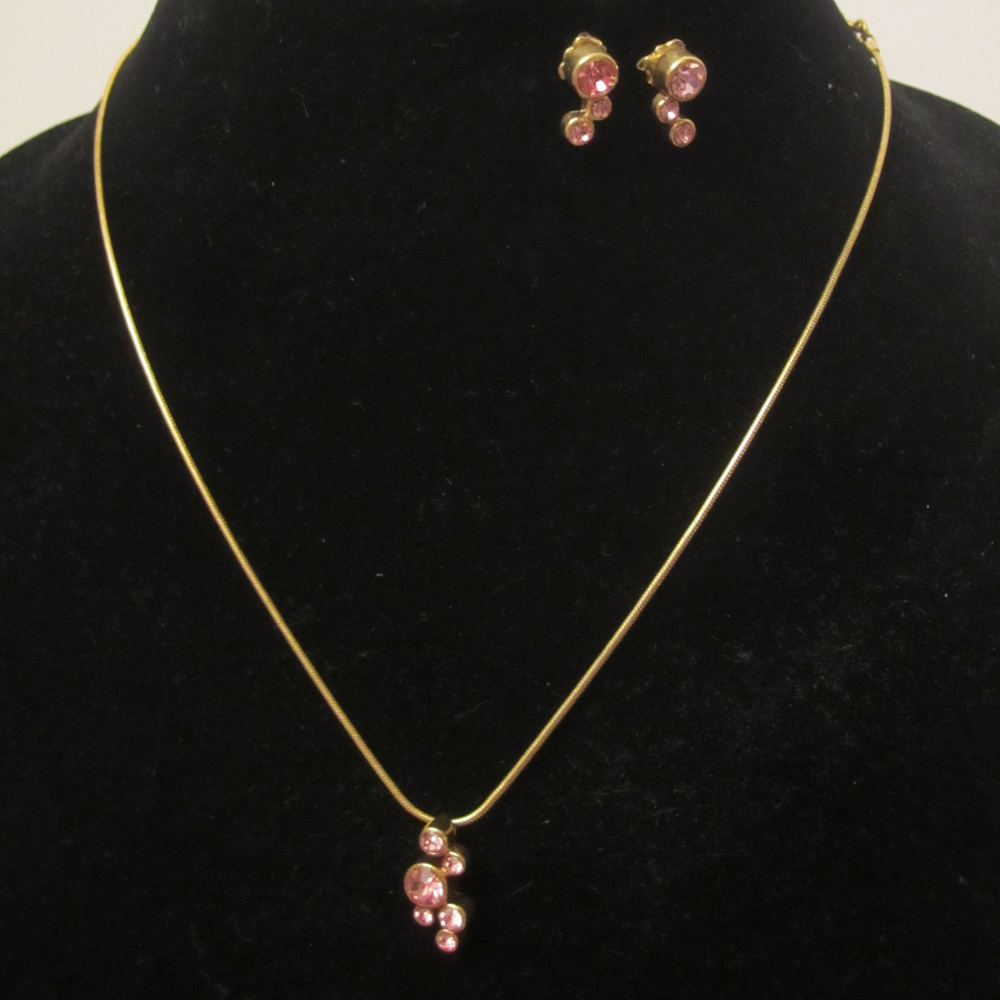 Pink Rhinestone Drop Necklace Earrings Set AVON